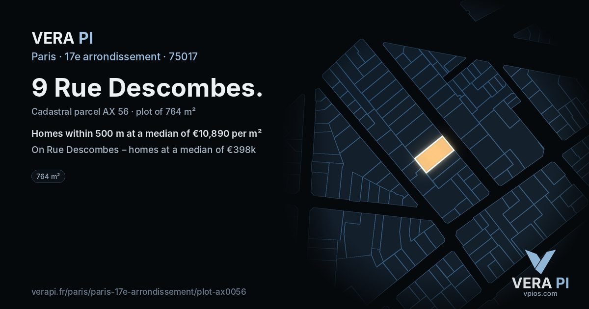 9 Rue Descombes, 17e arrondissement at night – the plot lit, the parcels around coloured by the prices near them