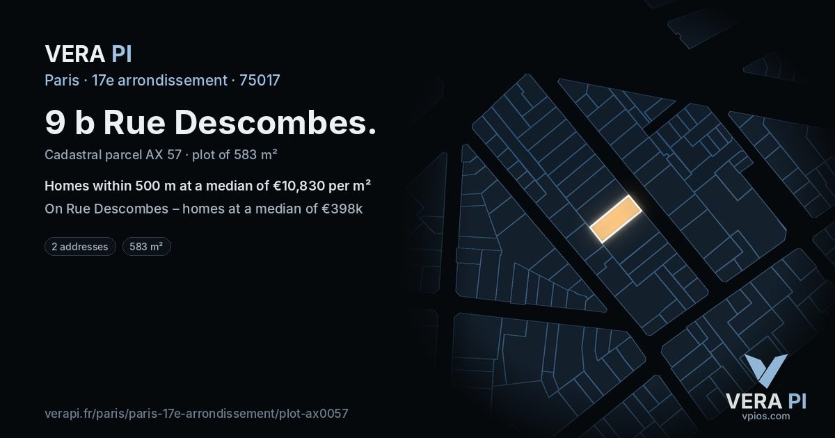 9 b Rue Descombes, 17e arrondissement at night – the plot lit, the parcels around coloured by the prices near them