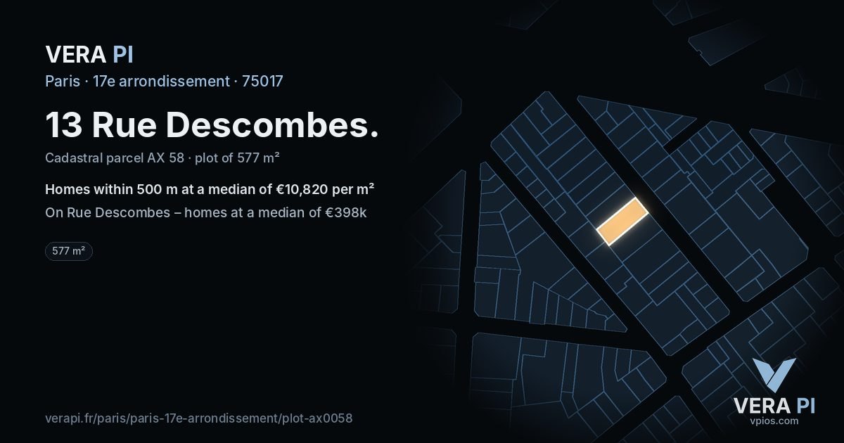 13 Rue Descombes, 17e arrondissement at night – the plot lit, the parcels around coloured by the prices near them
