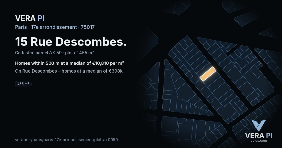15 Rue Descombes, 17e arrondissement at night – the plot lit, the parcels around coloured by the prices near them