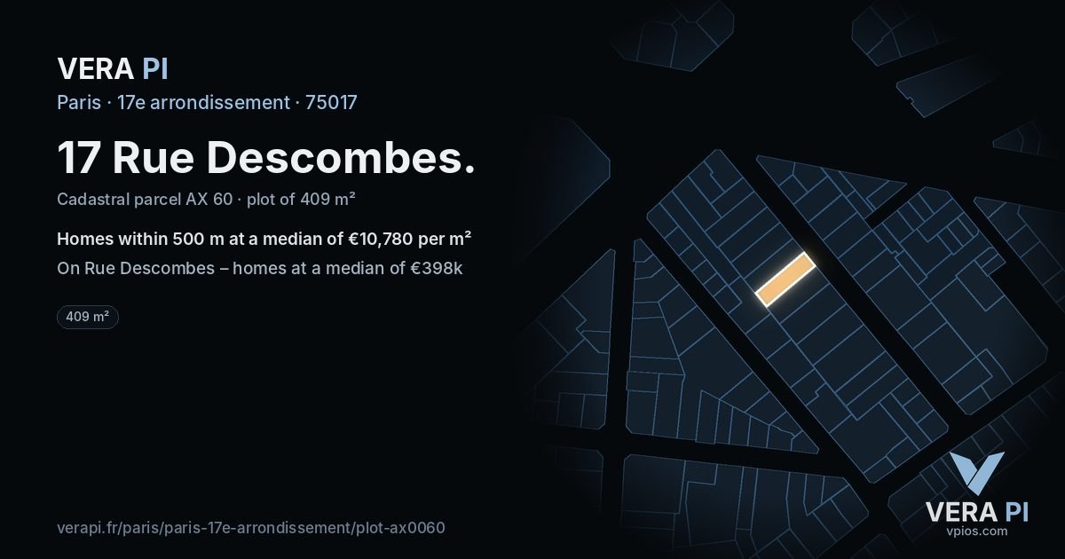 17 Rue Descombes, 17e arrondissement at night – the plot lit, the parcels around coloured by the prices near them