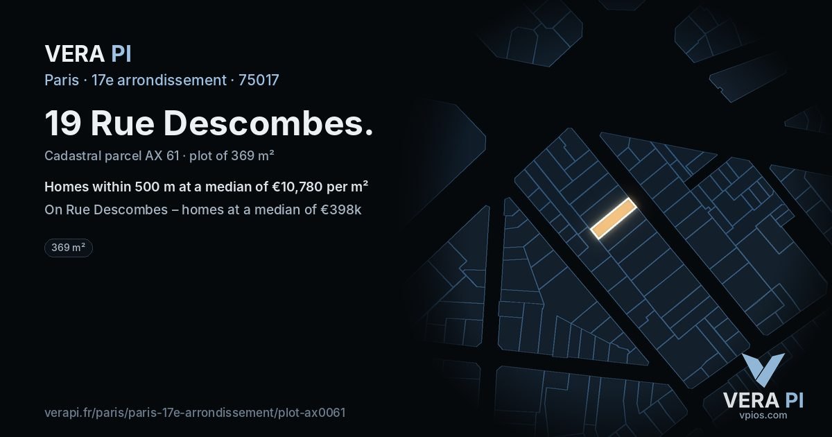 19 Rue Descombes, 17e arrondissement at night – the plot lit, the parcels around coloured by the prices near them