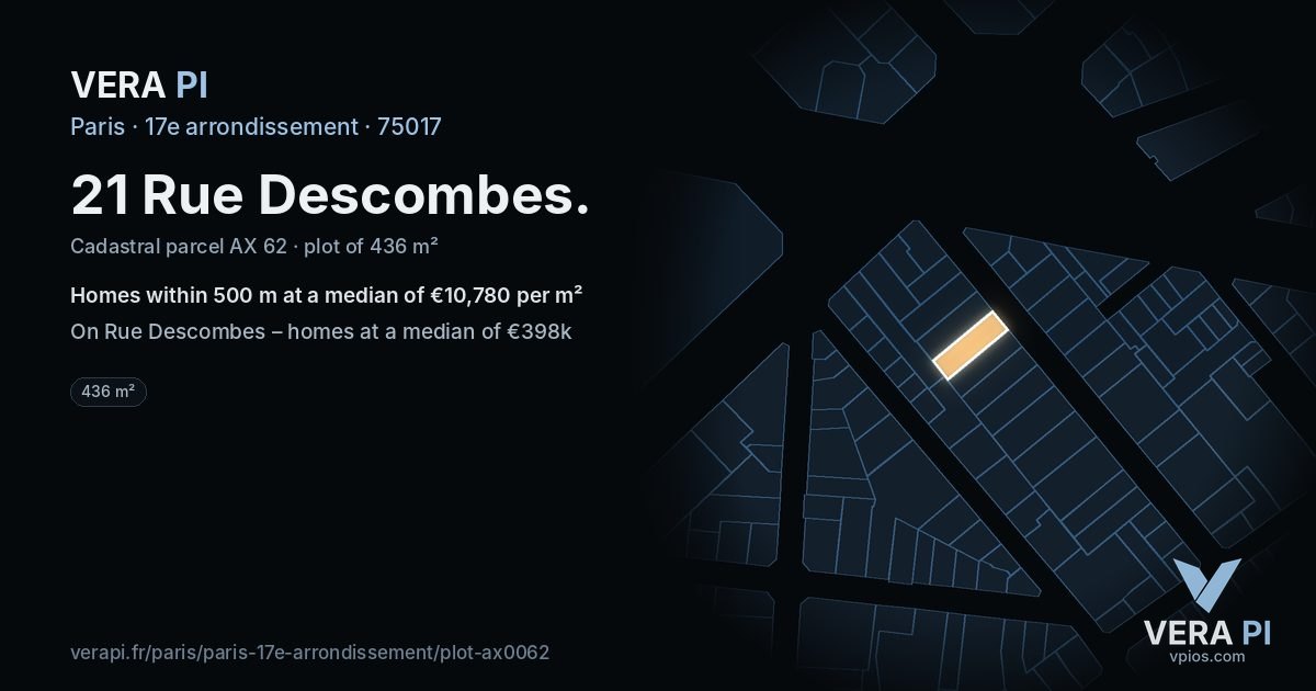 21 Rue Descombes, 17e arrondissement at night – the plot lit, the parcels around coloured by the prices near them