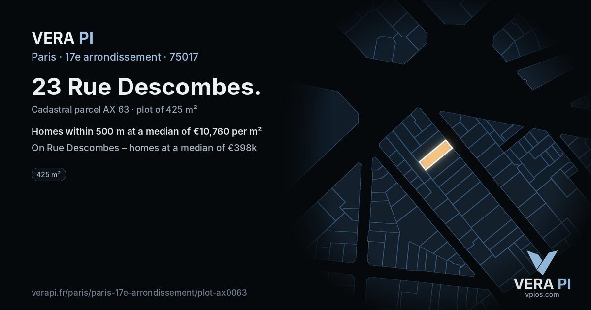 23 Rue Descombes, 17e arrondissement at night – the plot lit, the parcels around coloured by the prices near them