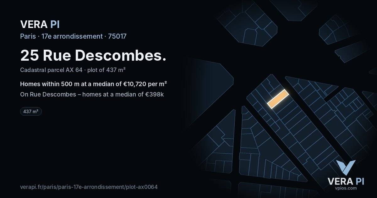 25 Rue Descombes, 17e arrondissement at night – the plot lit, the parcels around coloured by the prices near them