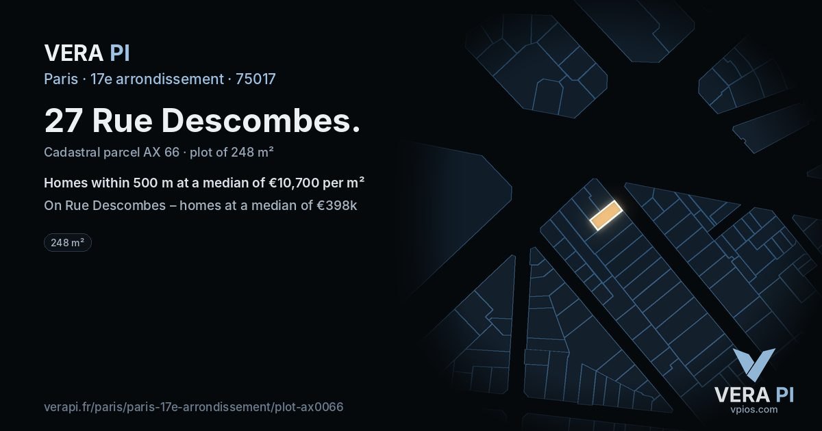 27 Rue Descombes, 17e arrondissement at night – the plot lit, the parcels around coloured by the prices near them
