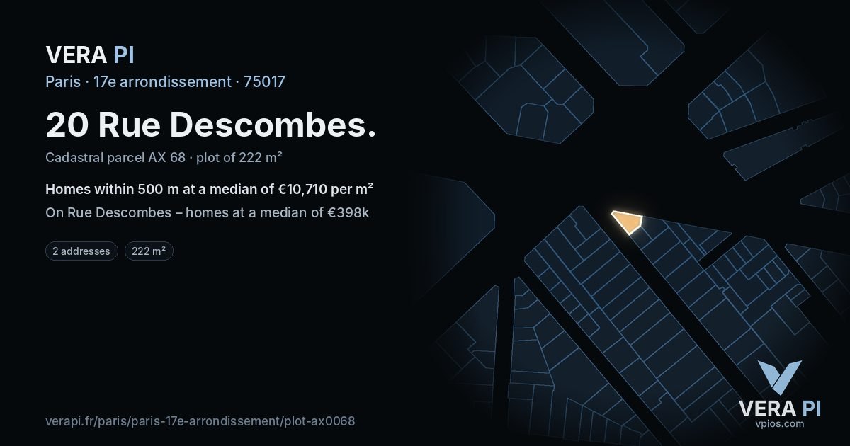 20 Rue Descombes, 17e arrondissement at night – the plot lit, the parcels around coloured by the prices near them