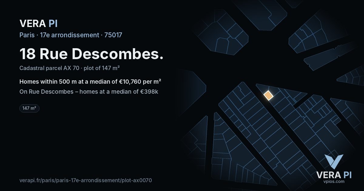 18 Rue Descombes, 17e arrondissement at night – the plot lit, the parcels around coloured by the prices near them