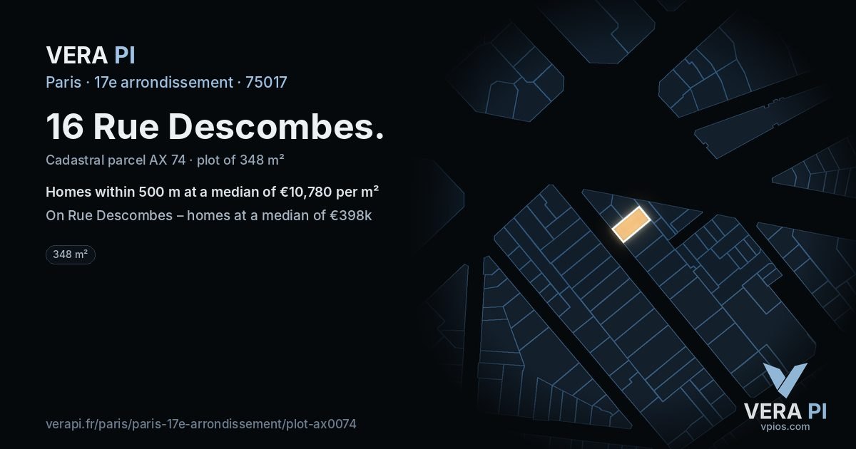 16 Rue Descombes, 17e arrondissement at night – the plot lit, the parcels around coloured by the prices near them