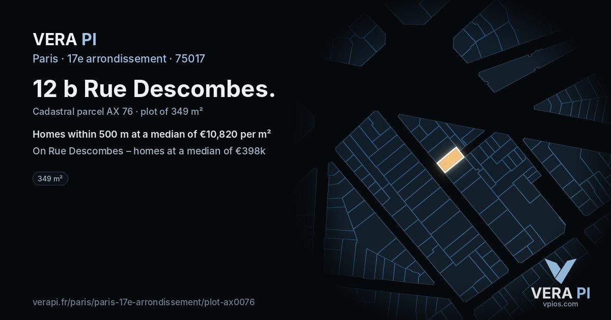 12 b Rue Descombes, 17e arrondissement at night – the plot lit, the parcels around coloured by the prices near them