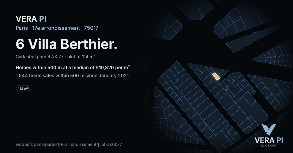 6 Villa Berthier, 17e arrondissement at night – the plot lit, the parcels around coloured by the prices near them
