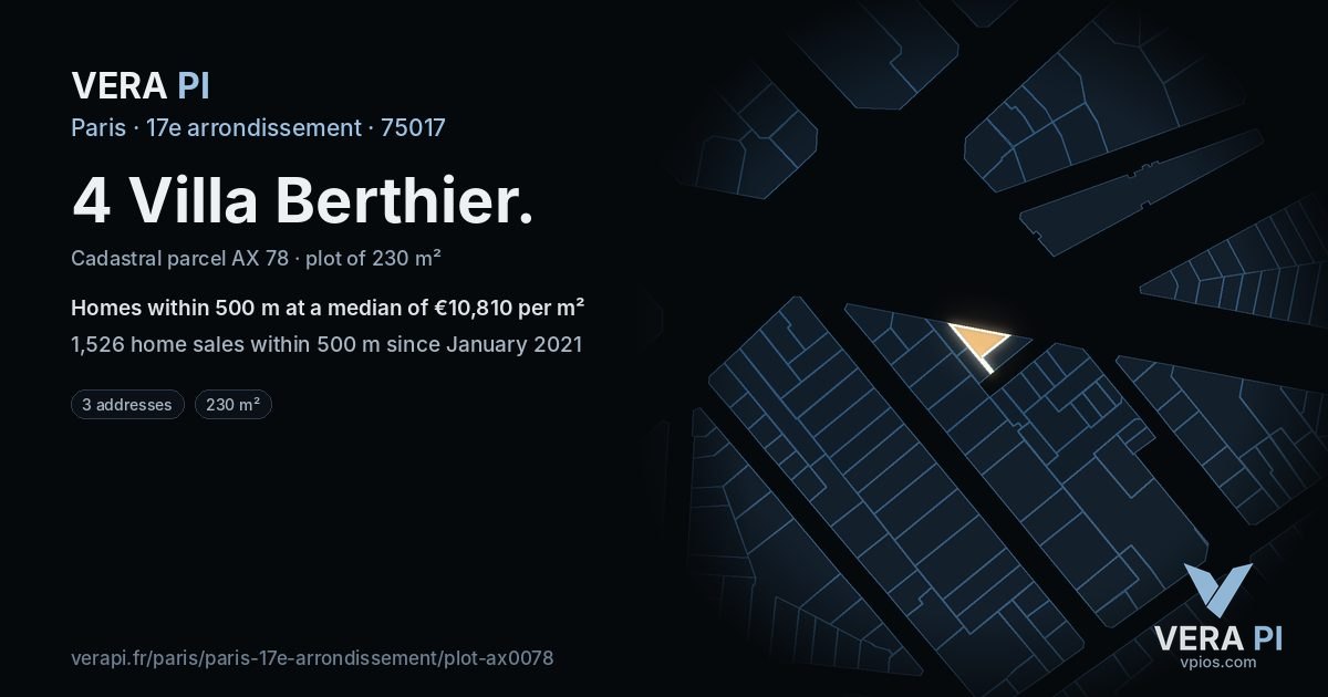 4 Villa Berthier, 17e arrondissement at night – the plot lit, the parcels around coloured by the prices near them