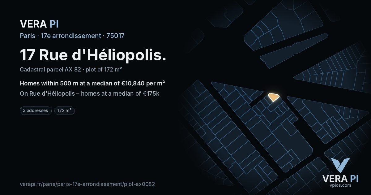 17 Rue d'Héliopolis, 17e arrondissement at night – the plot lit, the parcels around coloured by the prices near them