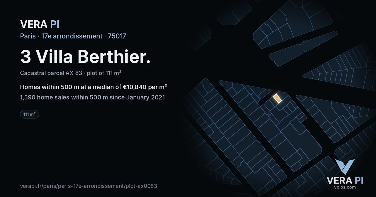 3 Villa Berthier, 17e arrondissement at night – the plot lit, the parcels around coloured by the prices near them