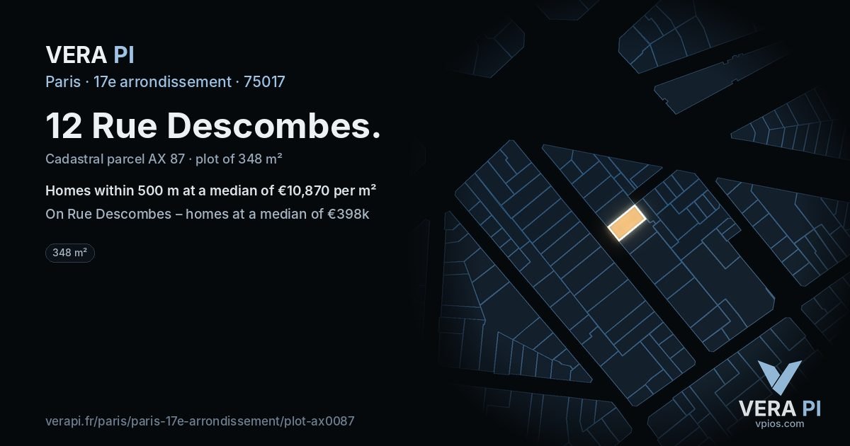 12 Rue Descombes, 17e arrondissement at night – the plot lit, the parcels around coloured by the prices near them