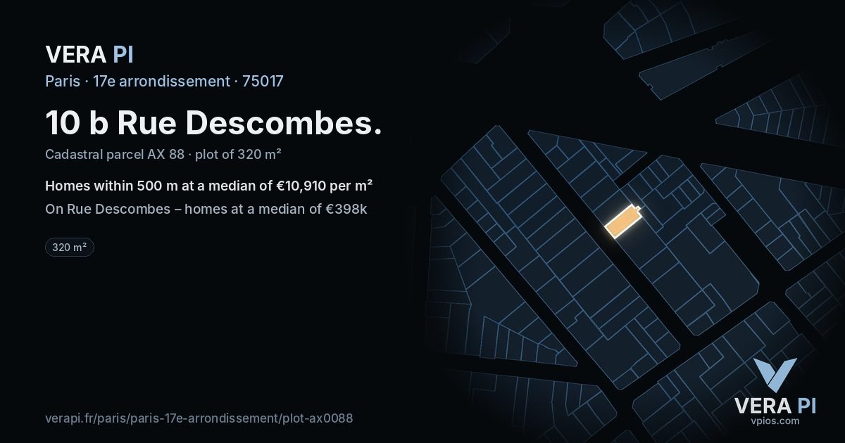 10 b Rue Descombes, 17e arrondissement at night – the plot lit, the parcels around coloured by the prices near them