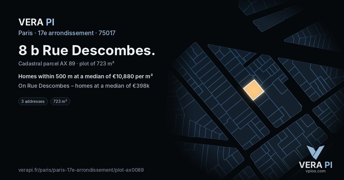 8 b Rue Descombes, 17e arrondissement at night – the plot lit, the parcels around coloured by the prices near them
