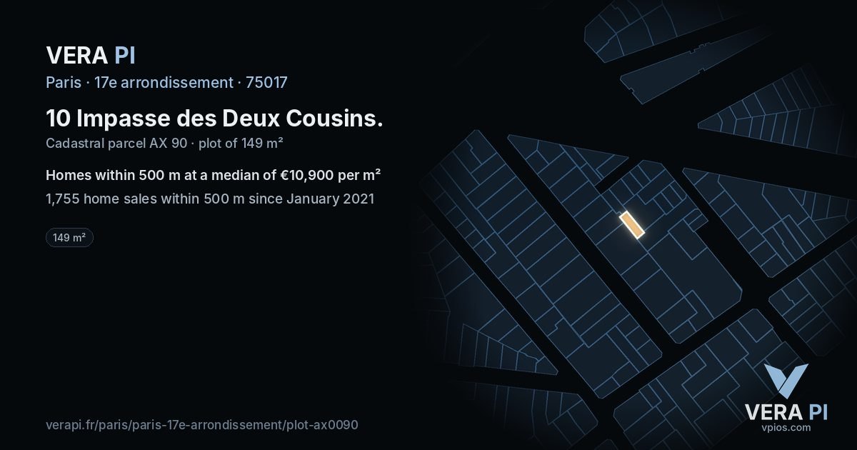 10 Impasse des Deux Cousins, 17e arrondissement at night – the plot lit, the parcels around coloured by the prices near them