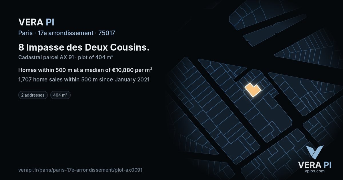 8 Impasse des Deux Cousins, 17e arrondissement at night – the plot lit, the parcels around coloured by the prices near them