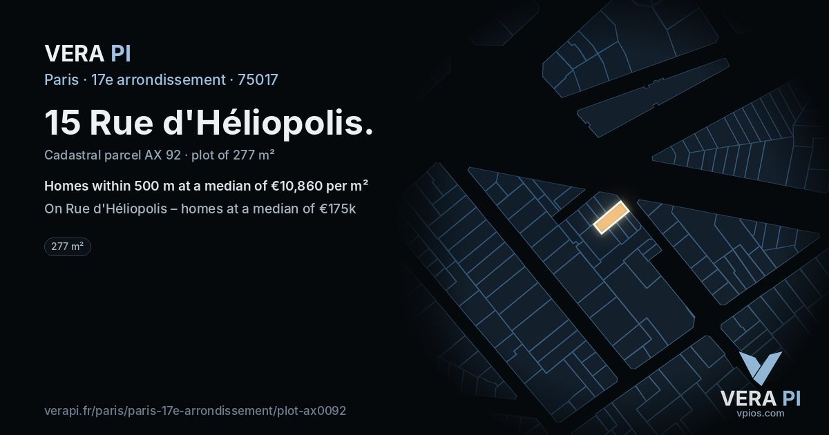 15 Rue d'Héliopolis, 17e arrondissement at night – the plot lit, the parcels around coloured by the prices near them