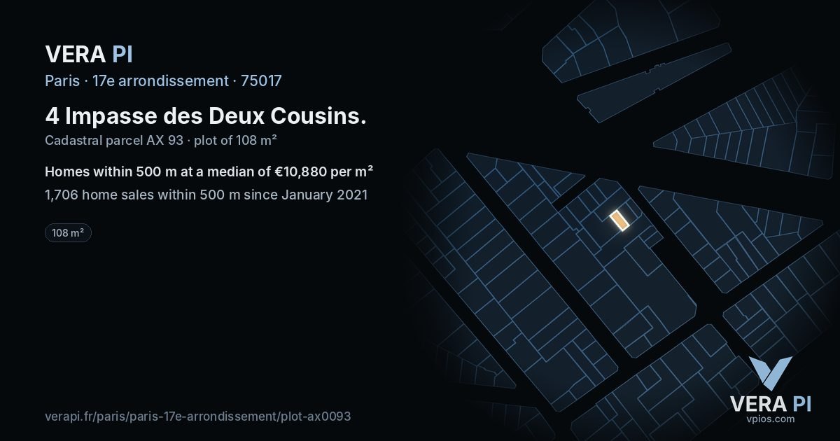 4 Impasse des Deux Cousins, 17e arrondissement at night – the plot lit, the parcels around coloured by the prices near them