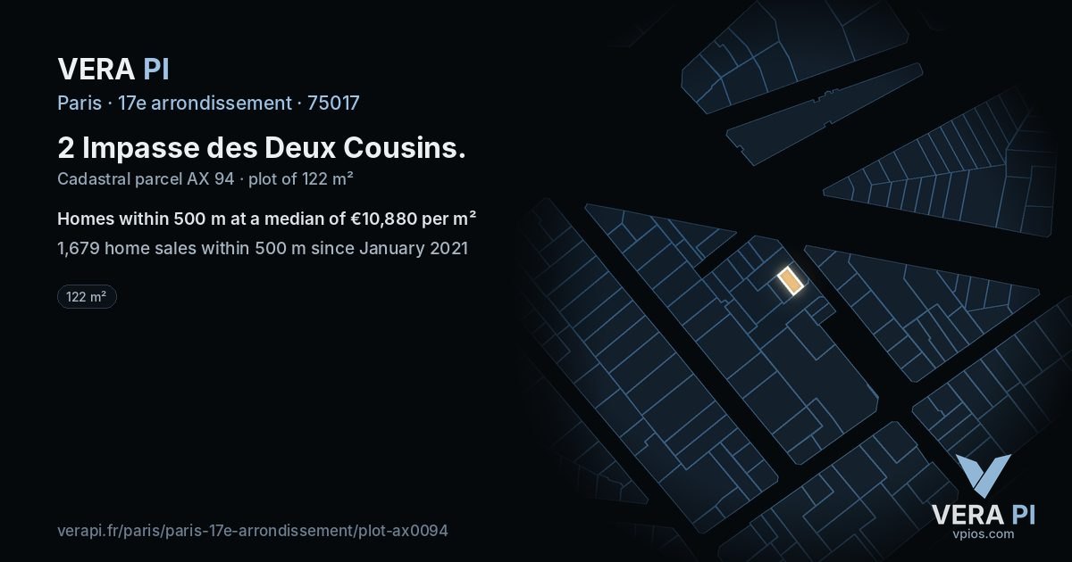 2 Impasse des Deux Cousins, 17e arrondissement at night – the plot lit, the parcels around coloured by the prices near them