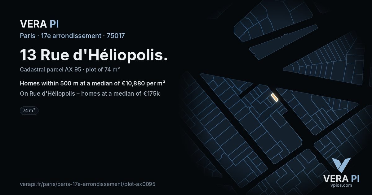 13 Rue d'Héliopolis, 17e arrondissement at night – the plot lit, the parcels around coloured by the prices near them