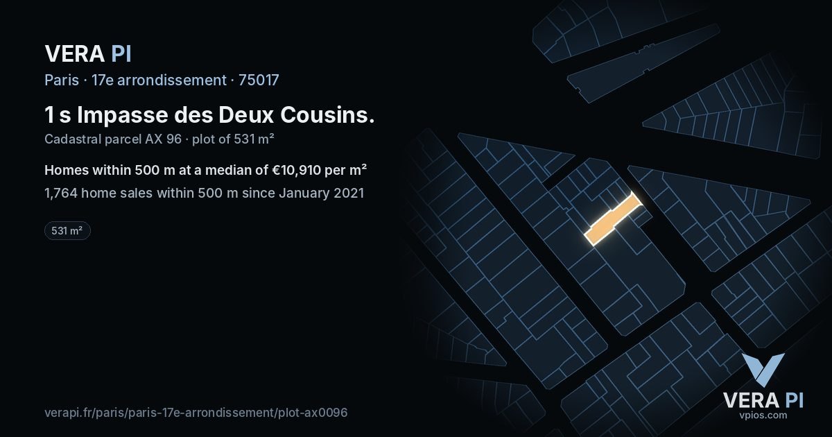 1 s Impasse des Deux Cousins, 17e arrondissement at night – the plot lit, the parcels around coloured by the prices near them