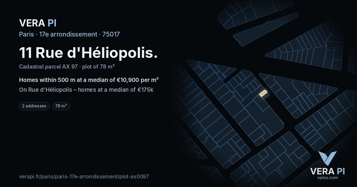 11 Rue d'Héliopolis, 17e arrondissement at night – the plot lit, the parcels around coloured by the prices near them