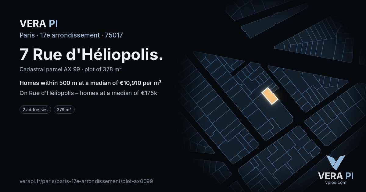 7 Rue d'Héliopolis, 17e arrondissement at night – the plot lit, the parcels around coloured by the prices near them