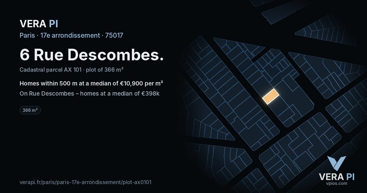 6 Rue Descombes, 17e arrondissement at night – the plot lit, the parcels around coloured by the prices near them