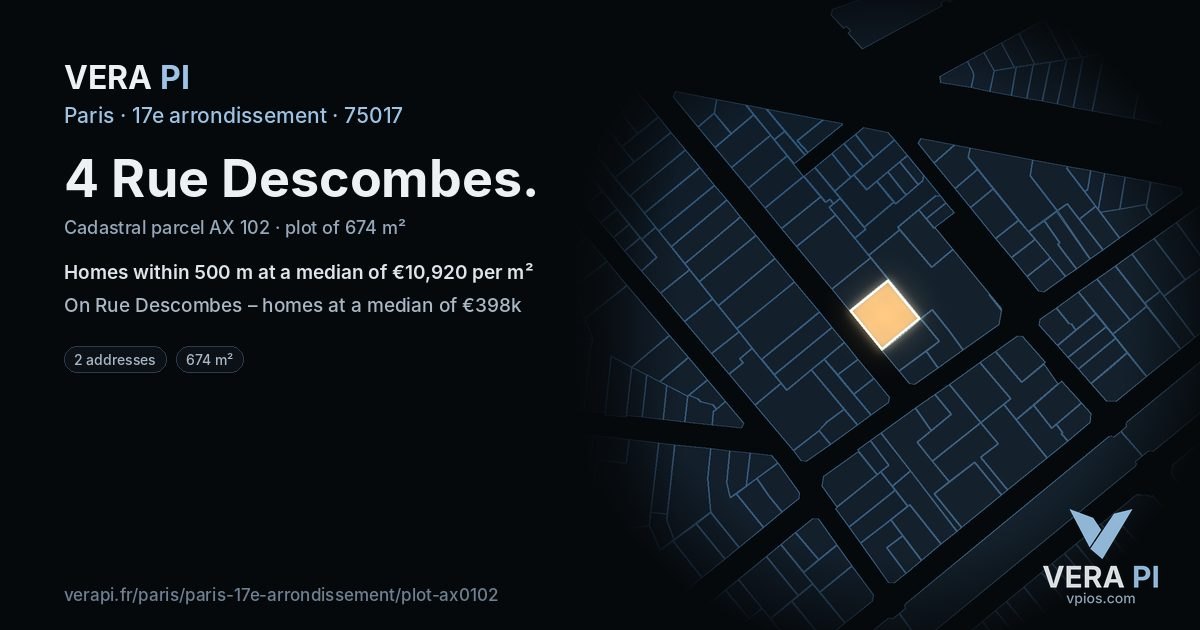 4 Rue Descombes, 17e arrondissement at night – the plot lit, the parcels around coloured by the prices near them