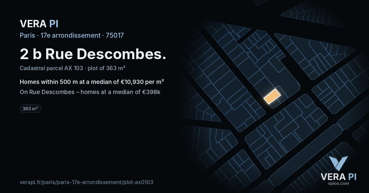 2 b Rue Descombes, 17e arrondissement at night – the plot lit, the parcels around coloured by the prices near them
