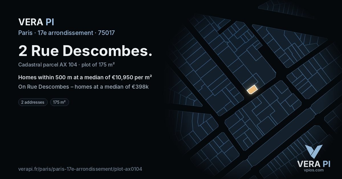 2 Rue Descombes, 17e arrondissement at night – the plot lit, the parcels around coloured by the prices near them