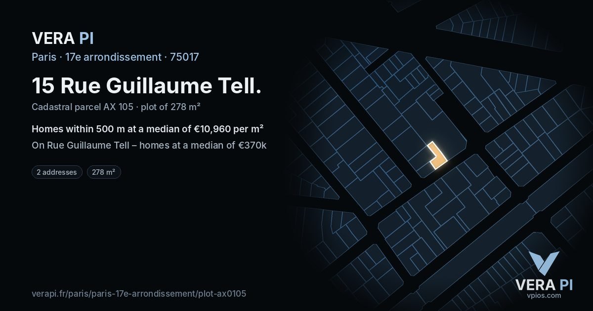 15 Rue Guillaume Tell, 17e arrondissement at night – the plot lit, the parcels around coloured by the prices near them