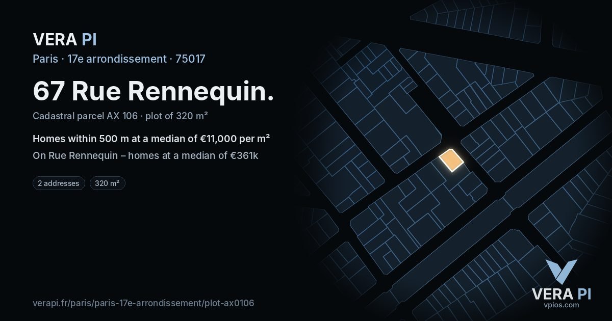 67 Rue Rennequin, 17e arrondissement at night – the plot lit, the parcels around coloured by the prices near them