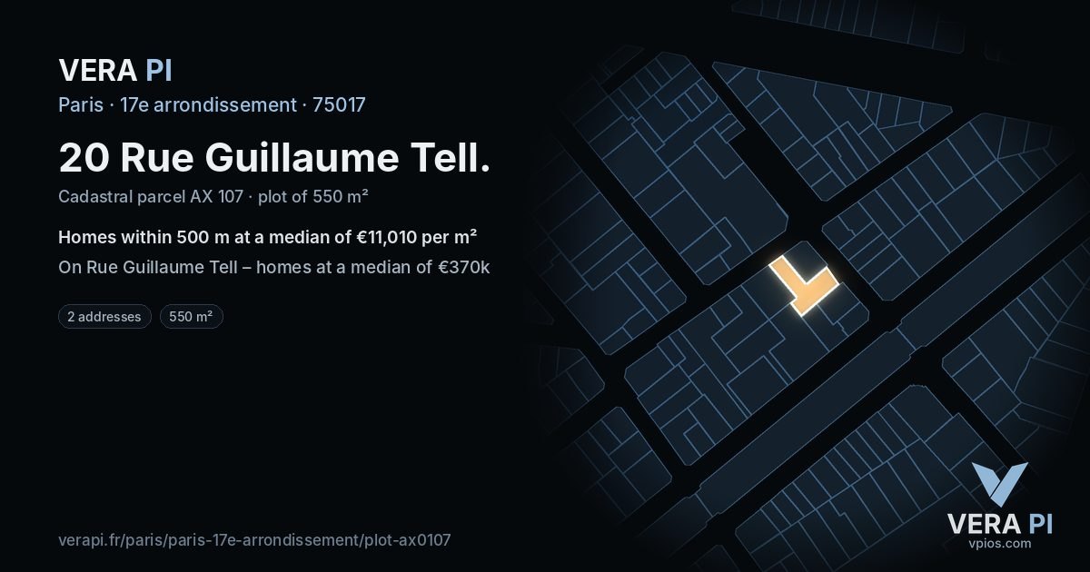 20 Rue Guillaume Tell, 17e arrondissement at night – the plot lit, the parcels around coloured by the prices near them