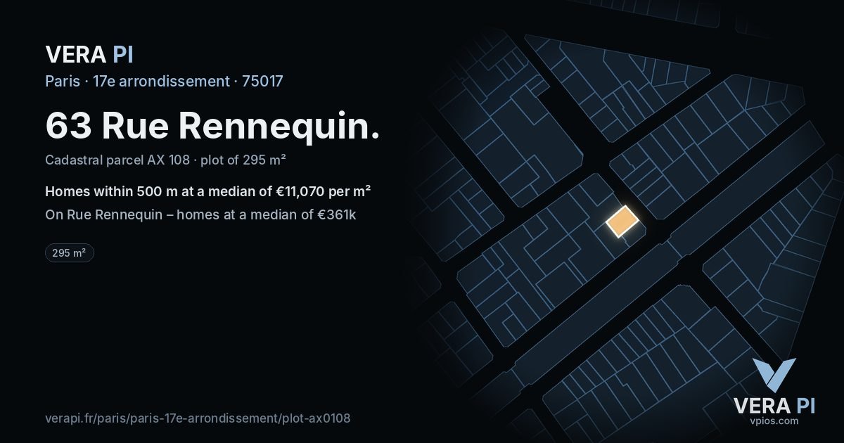 63 Rue Rennequin, 17e arrondissement at night – the plot lit, the parcels around coloured by the prices near them