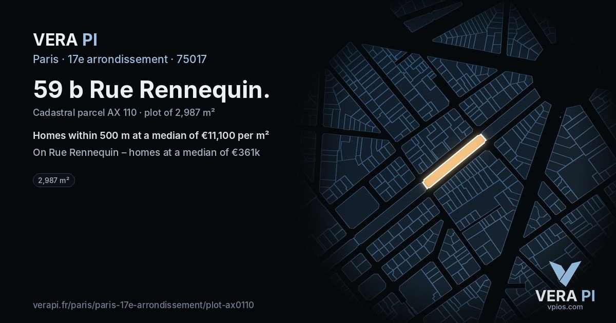59 b Rue Rennequin, 17e arrondissement at night – the plot lit, the parcels around coloured by the prices near them