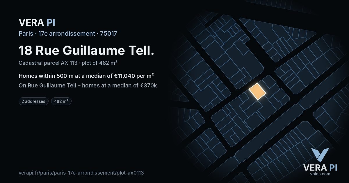 18 Rue Guillaume Tell, 17e arrondissement at night – the plot lit, the parcels around coloured by the prices near them