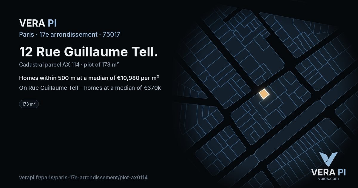 12 Rue Guillaume Tell, 17e arrondissement at night – the plot lit, the parcels around coloured by the prices near them