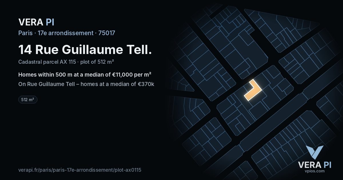 14 Rue Guillaume Tell, 17e arrondissement at night – the plot lit, the parcels around coloured by the prices near them