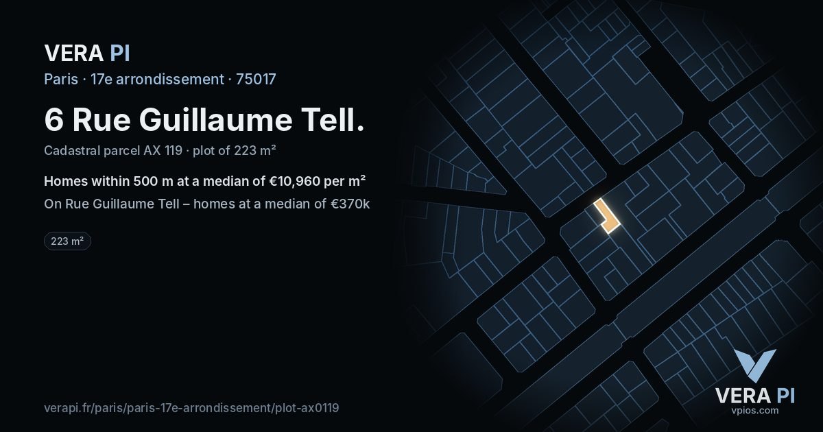 6 Rue Guillaume Tell, 17e arrondissement at night – the plot lit, the parcels around coloured by the prices near them