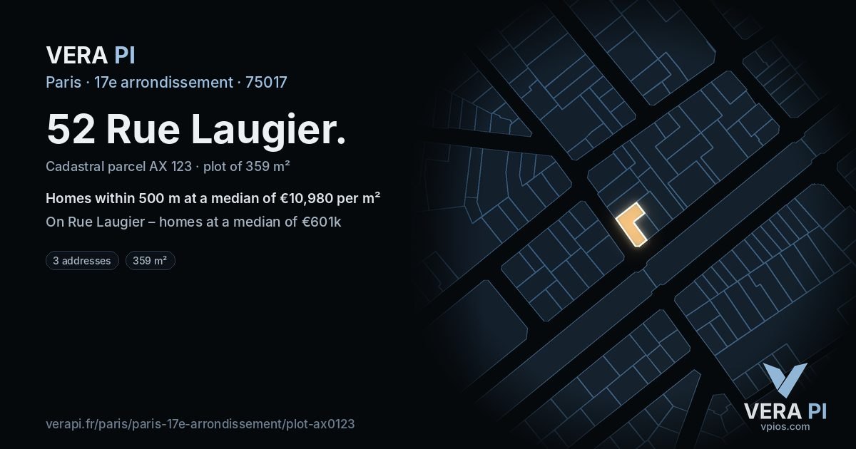 52 Rue Laugier, 17e arrondissement at night – the plot lit, the parcels around coloured by the prices near them