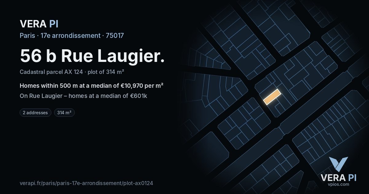 56 b Rue Laugier, 17e arrondissement at night – the plot lit, the parcels around coloured by the prices near them