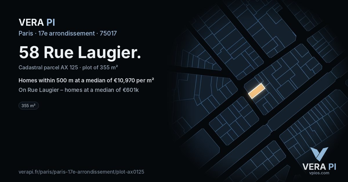 58 Rue Laugier, 17e arrondissement at night – the plot lit, the parcels around coloured by the prices near them