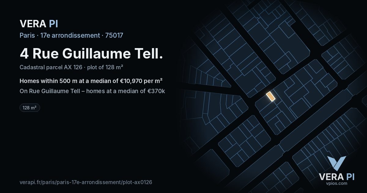 4 Rue Guillaume Tell, 17e arrondissement at night – the plot lit, the parcels around coloured by the prices near them