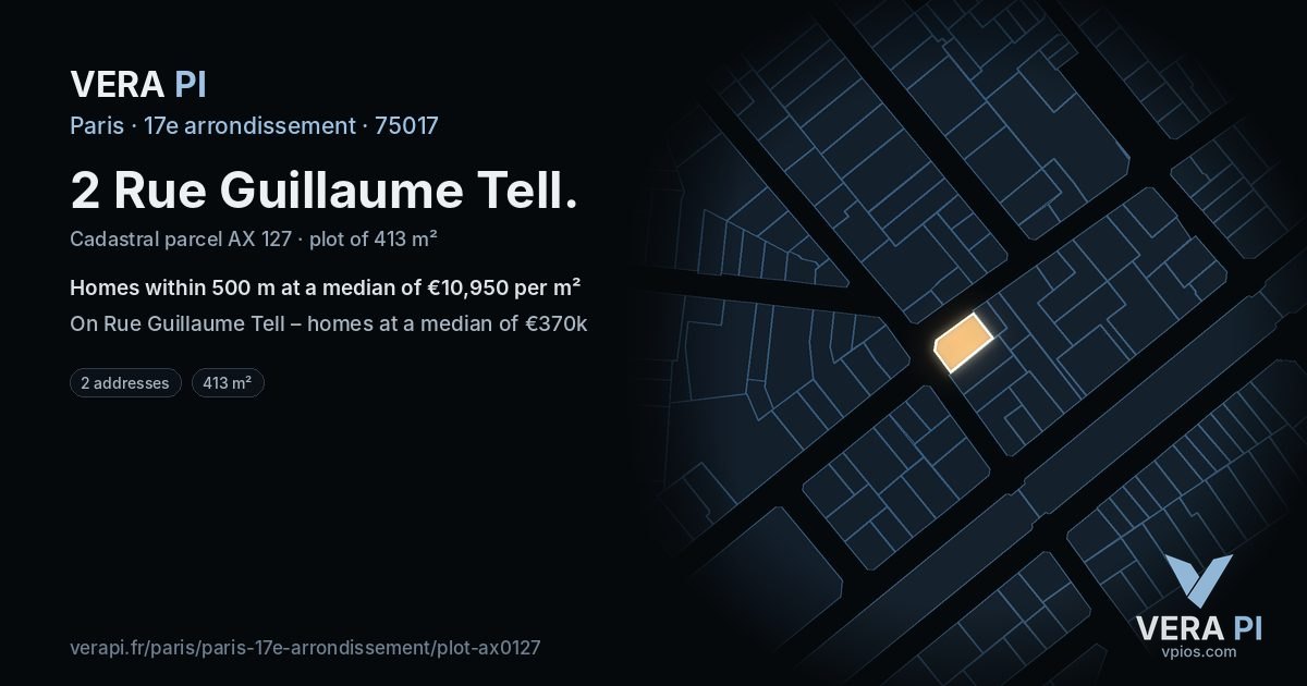 2 Rue Guillaume Tell, 17e arrondissement at night – the plot lit, the parcels around coloured by the prices near them
