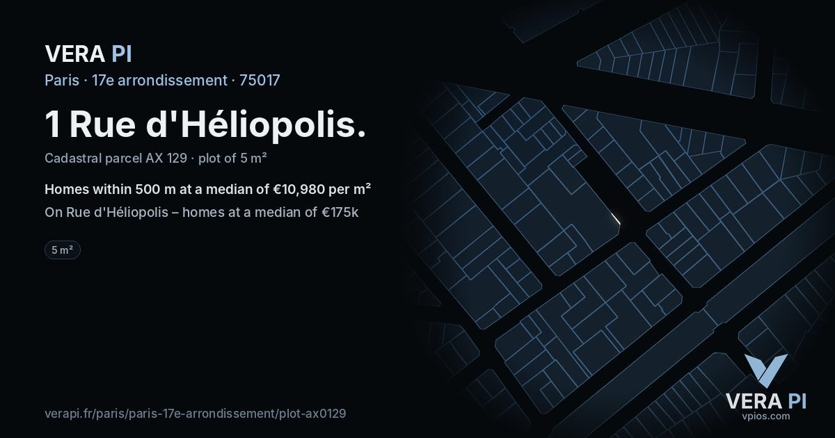 1 Rue d'Héliopolis, 17e arrondissement at night – the plot lit, the parcels around coloured by the prices near them