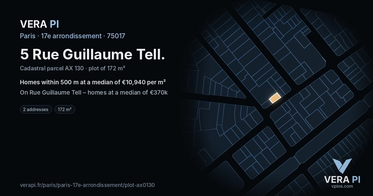 5 Rue Guillaume Tell, 17e arrondissement at night – the plot lit, the parcels around coloured by the prices near them
